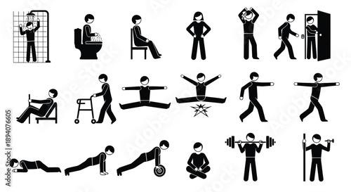 Collection of human silhouette icons illustrating diverse physical activities, fitness routines, and everyday movements in minimalist design