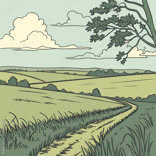 Wide Open Field with Cloud Outlines Minimalist Vector