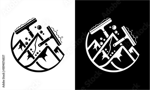 Mountain Cleaning Service Logo Design with Squeegees and Bubbles.