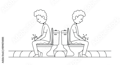 Elderly couple enjoying a humorous conversation while sitting on toilets and holding toilet paper rolls in a minimalist line art style