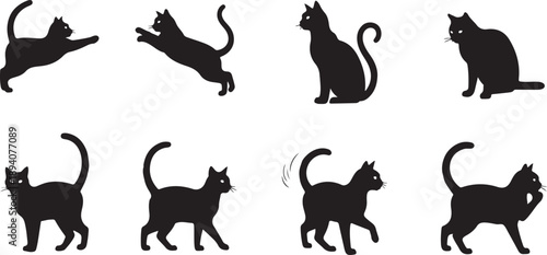 Various black cat silhouettes in playful poses Vector
