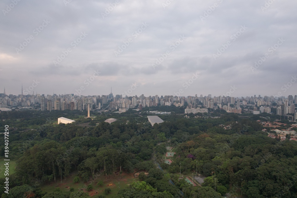 Fototapeta premium Skyline view of Sao Paulo with green space in the foreground at dusk