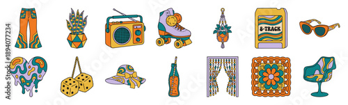 Groovy 1970s Retro Pop Art Graphic Element Kit for Nostalgic Lifestyle and Hippie Disco Branding