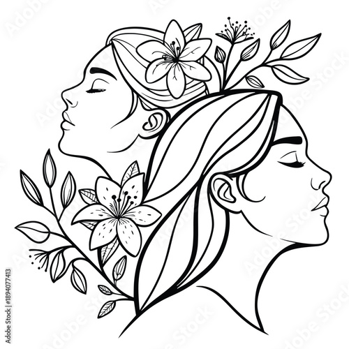 Elegant women with flowers in hair, serene and peaceful