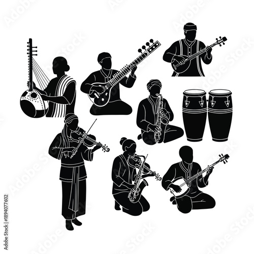 A collection of musicians playing various instruments, including violin, guitar, saxophone, and drums.