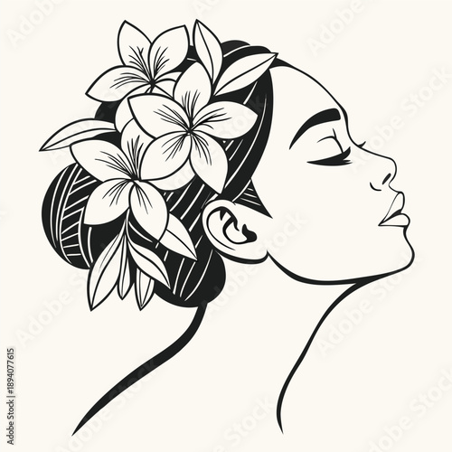 Serene woman with floral hair adornment in elegant profile