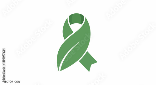 Green awareness ribbon icon with a prominent leaf design, symbolizing nature, environmental protection, health consciousness, and sustainable living. Versatile vector graphic