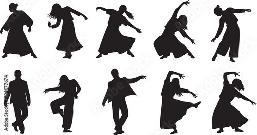 Collection of people dancing silhouettes on transparent background