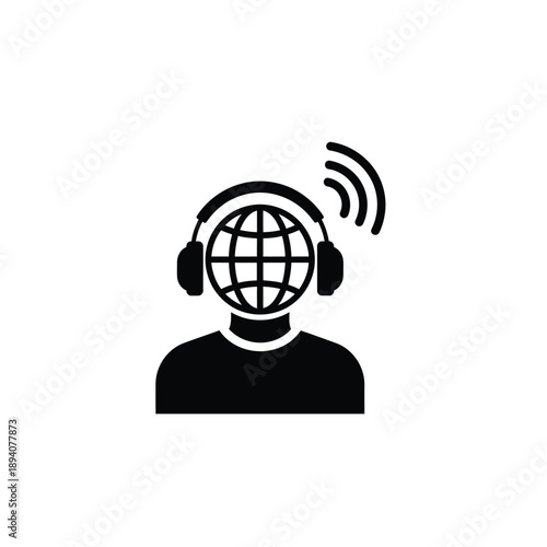 An icon of a person wearing headphones with a globe design on the headphone ear cups and sound waves emanating from the right ear cup.
