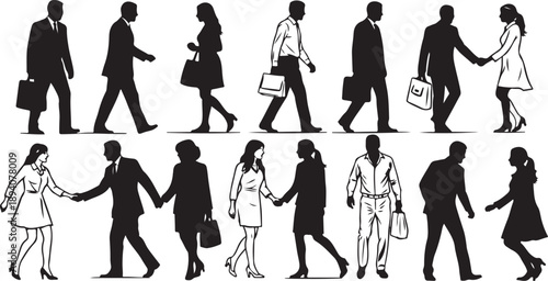 Various silhouettes of people walking and holding hands Vector