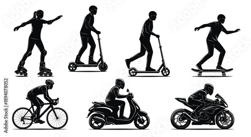Silhouettes of urban commuters and athletes on skates, scooters, skateboard, bicycle, and motorcycles in dynamic motion poses