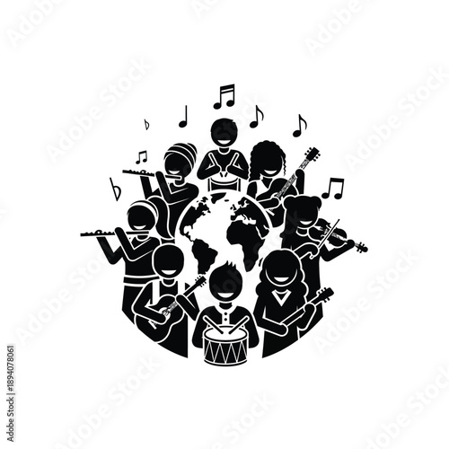 Illustration of a diverse group of musicians playing various instruments together, representing unity and harmony in music.