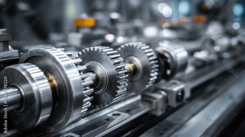 Fototapeta premium Close-up of high-precision metal gears and mechanical components on an automated production line in an industrial factory.
