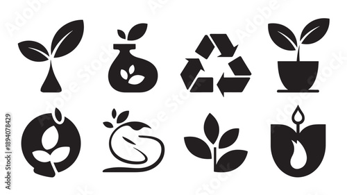 Eco Friendly Ecology and Recycling Vector Icon Set with Green Leaves Plants and Sustainable Environmental Care Symbols