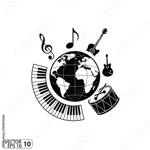 An illustration featuring a globe surrounded by various musical instruments and notes.