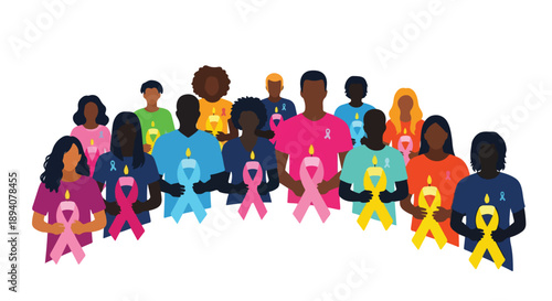 A diverse community stands united, holding glowing candles and colorful ribbons, symbolizing hope, solidarity, and support for various health awareness causes