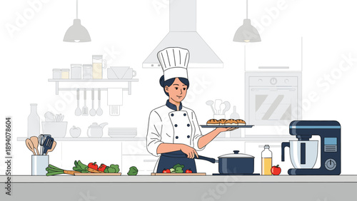 Female chef in uniform preparing food in a modern kitchen with fresh vegetables and professional cooking appliances.
