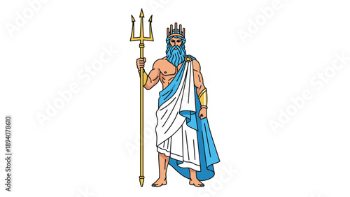 Classical illustration of the Greek god Poseidon holding a golden trident and wearing a crown with a flowing blue cape.