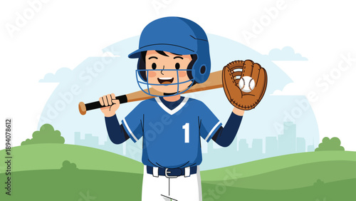 Young baseball player in uniform holding a bat and glove standing on a green field with a city skyline in the distance.