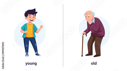 Educational comparison of a young man and an old man with a cane to teach the concept of aging and life stages.