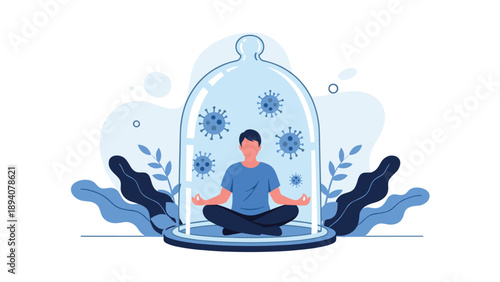 Man practicing meditation inside a protective glass dome to symbolise immunity and mental health during a viral pandemic.