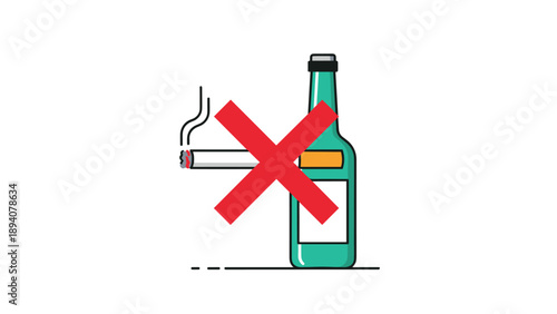 Health warning illustration featuring a cigarette and a bottle of alcohol crossed out with a red X to symbolise abstinence.