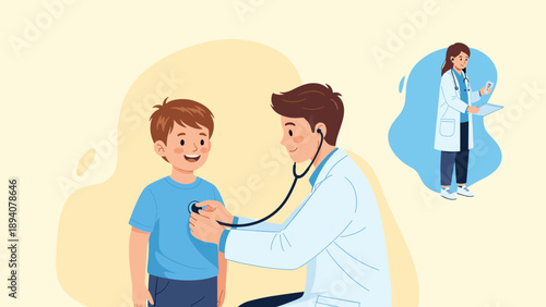 Pediatrician using a stethoscope to examine a young boys heart and lungs during a routine medical checkup in a clinic.