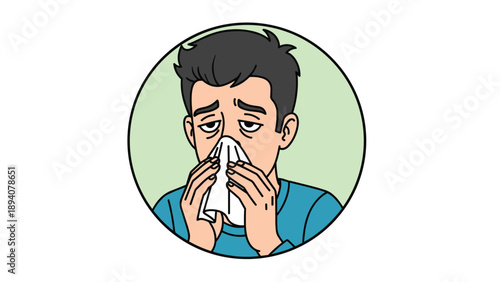 Man with a cold or allergy sneezing into a white tissue to represent illness and the importance of containing germs.