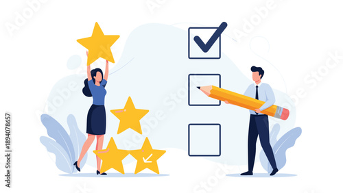 Man and woman giving ratings and feedback using large stars and a giant pencil on a checklist to show customer satisfaction.