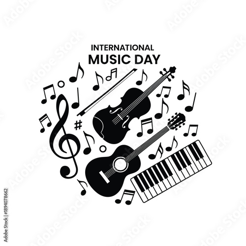 Tableau sur toile Illustration featuring musical instruments and notes celebrating International Music Day