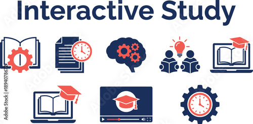 Interactive study and e learning concept illustration with education icons, online courses, digital knowledge, teamwork, time management and learning process