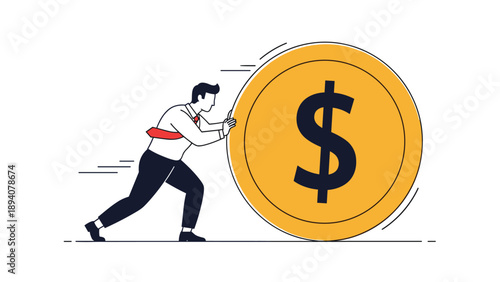 Businessman pushing a giant gold dollar coin representing financial struggle, hard work, and efforts to earn money.