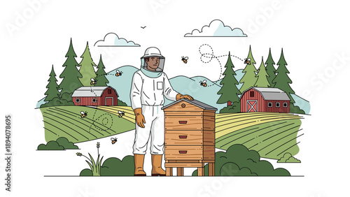 Professional beekeeper in protective clothing working with beehives on a sunny rural farm with barns and trees.
