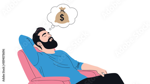 Man resting in a chair and dreaming about a large bag of money to represent financial aspirations and wealth goals.