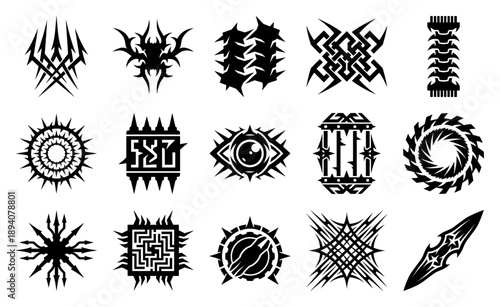 Aggressive Tribal Cyberpunk Sigil Asset Sheet for Dark Fantasy and Alternative Underground Branding