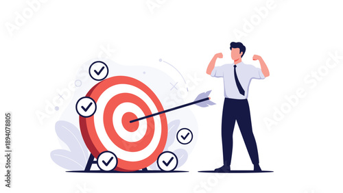 Successful businessman celebrates with a powerful pose next to a large archery target hit dead center by a single arrow.