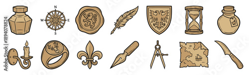 Vintage Medieval Cartography and Scholar Element Kit for Fantasy Worldbuilding Illustration