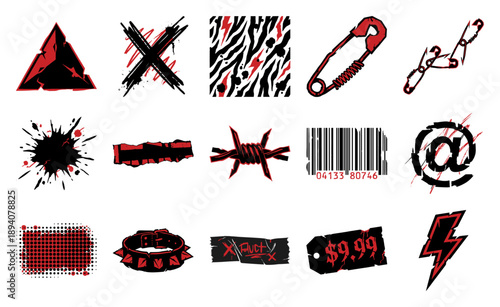 Grungy Punk Rock Graphic Element Kit for Y2K Streetwear and Alternative Apparel Design