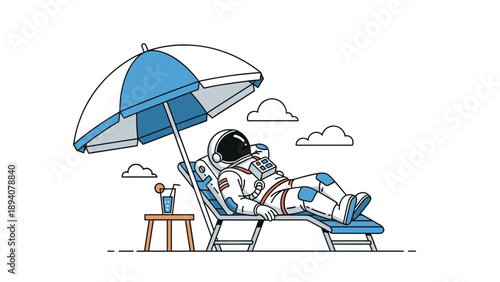 Relaxed astronaut in a full space suit enjoys a vacation while lying on a beach chair under a blue and white umbrella.