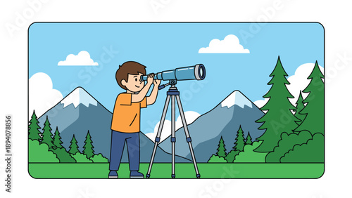 Curious young boy stands in a grassy field looking through a large blue telescope at the distant snowy mountain peaks.