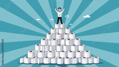 Man wearing a face mask stands triumphantly on top of a massive pyramid of toilet paper rolls during a supply shortage.