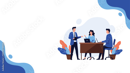 Professional office meeting where three colleagues discuss a project while working on laptops at a desk with potted plants.