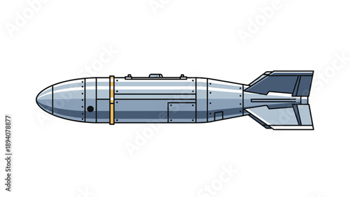 Powerful silver military bomb featuring a streamlined design and stabilizing fins is isolated against a clean white background.