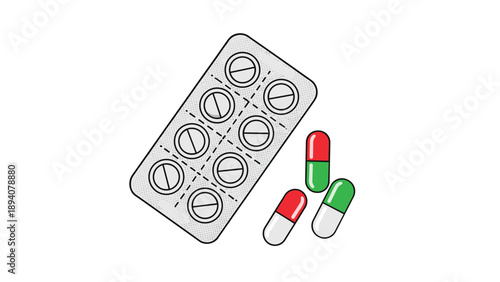 Medication packaging shown as a silver blister pack with white pills alongside three loose red and green medicine capsules.