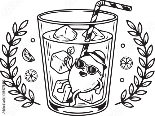 Refreshing Lemon Drink Mascot Emblem Whimsical Black and White Illustration of a Cool Lemon Character Relaxing in an Iced Drink with a Straw and Laurel Wreath