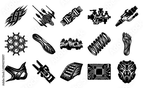 Woodcut Style Mechanical and Organic Hybrid Element Kit for Futuristic Bio-Tech Concept Art Designs