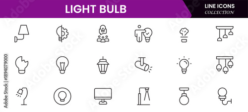 Light bulb idea line icons. Vector electric energy lamps and lightbulbs isolated outline symbols for creative solution, idea, innovation and inspiration concept.