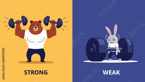 Visual comparison showing a strong bear easily lifting heavy dumbbells and a weak rabbit struggling to lift a barbell.
