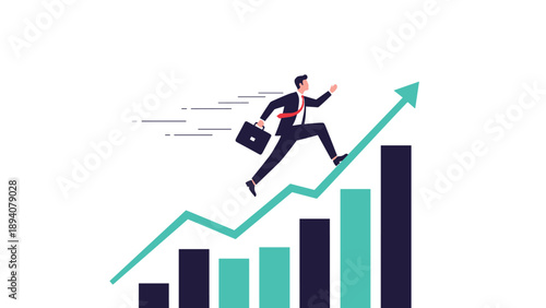Energetic businessman with a briefcase running up an ascending green arrow on a bar chart representing rapid career growth.
