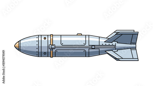 Silver metallic military bomb with a pointed nose and four stabilizing fins is isolated on a clean white background.